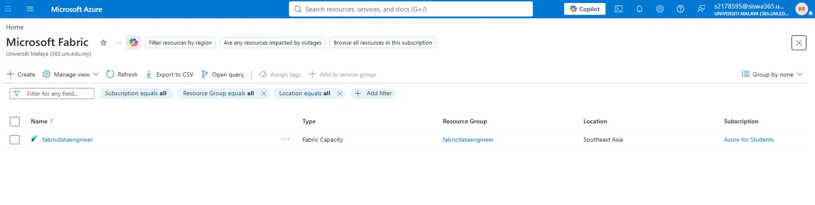 Microsoft Fabric resource in the Azure portal