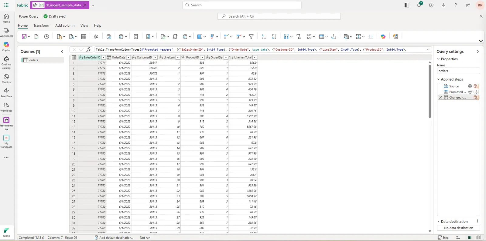 Power Query editor previewing the CSV file