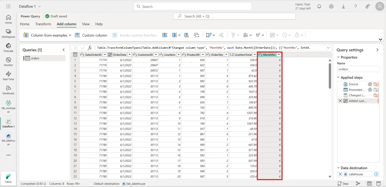 The new MonthNo column in the data pane