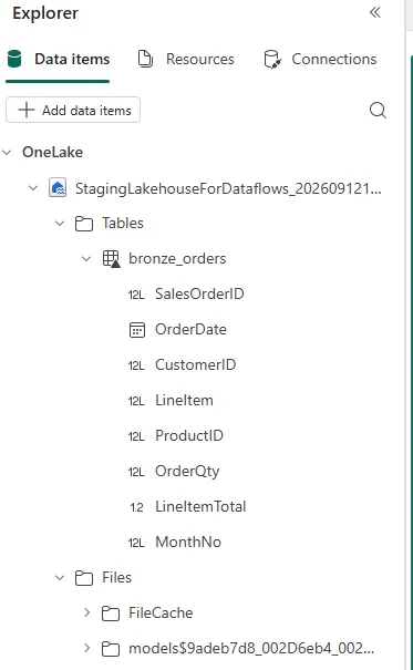 The Bronze table visible in the Lakehouse explorer