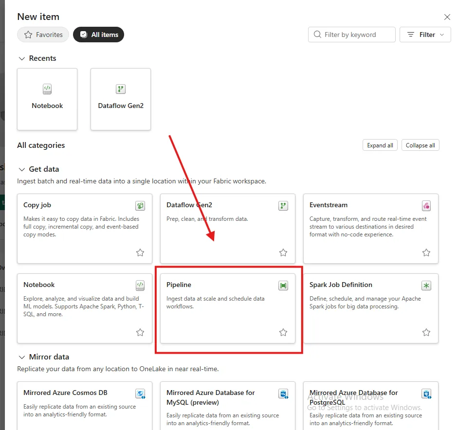 Creating a data pipeline in the workspace