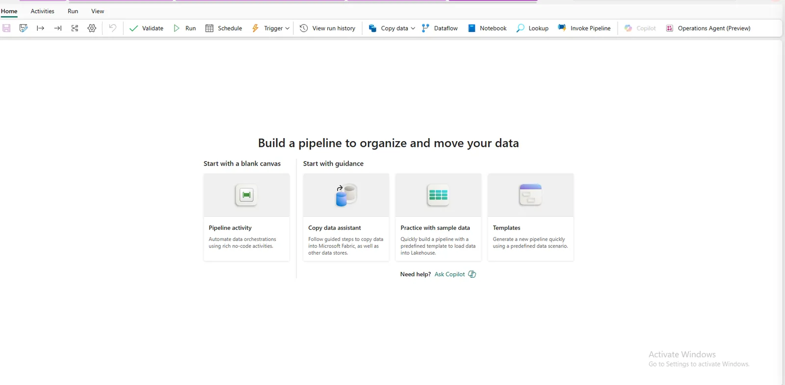 The pipeline activity pane
